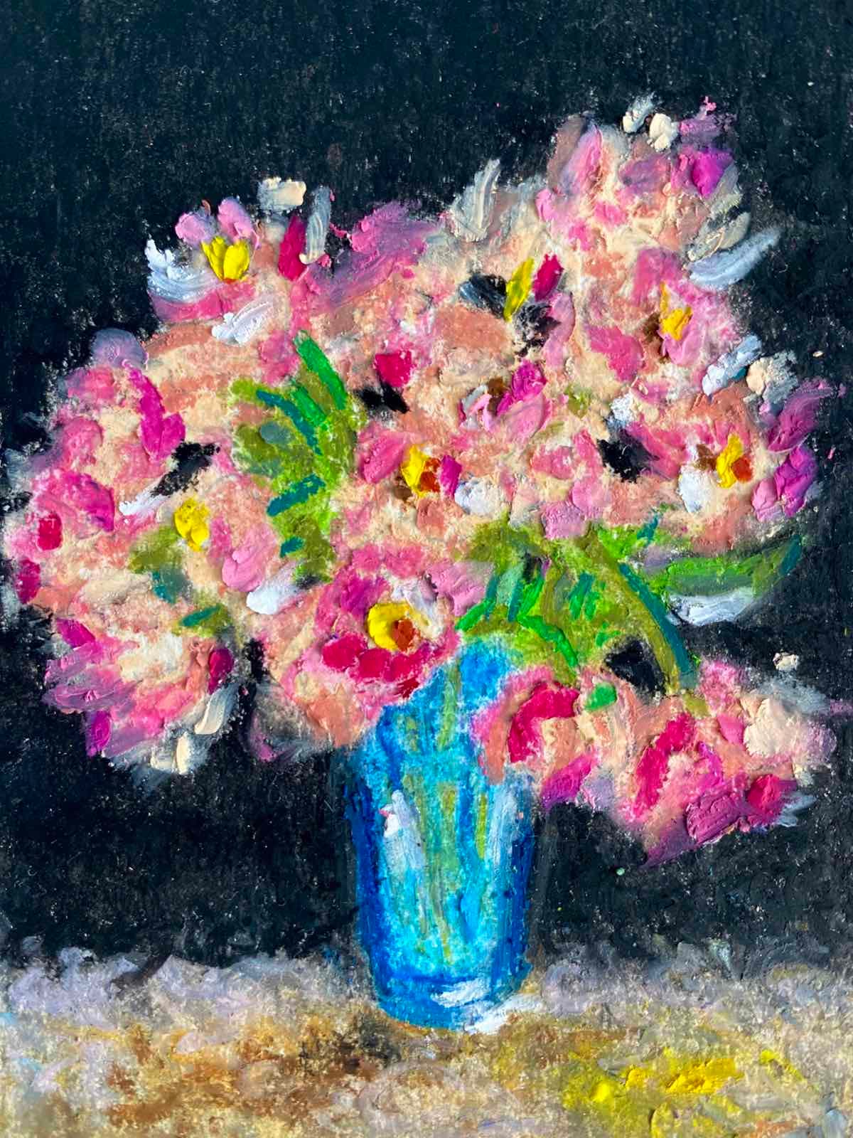 Pansies, Yellow — Oil pastel on paper · 8 × 12 cm · 2025