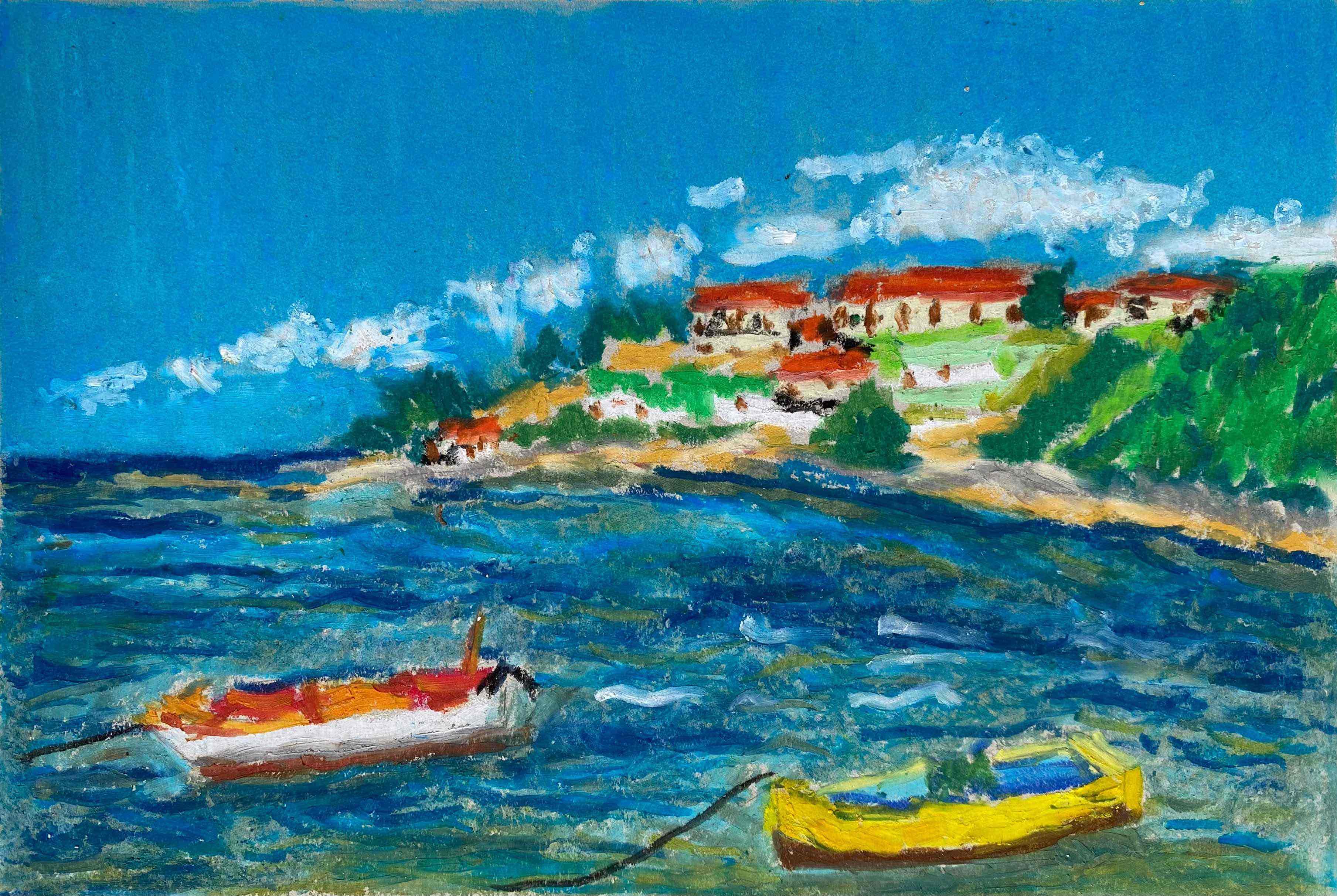 Two Boats — Oil pastel on paper · 19 × 13 cm · 2026